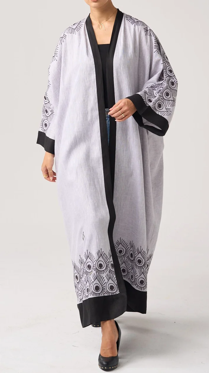 Cotton Linen Peacock Feather Cardigan Abaya-inspireuse
