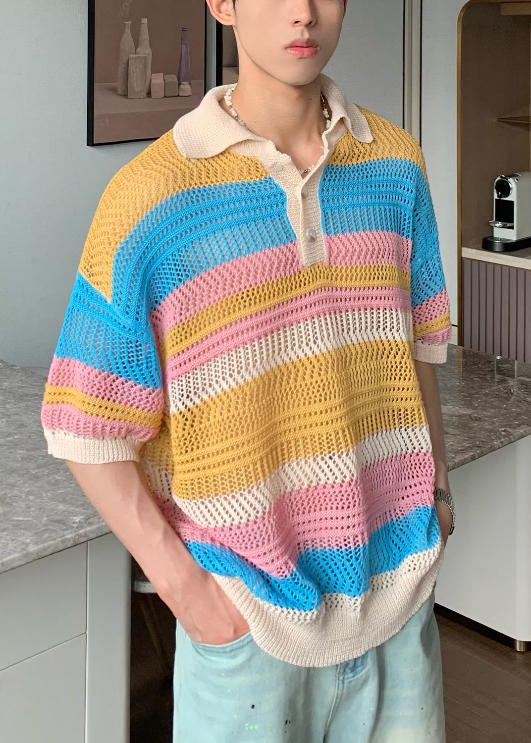 VCSHOES Pink Peter Pan Collar Hollow Out Knit Men Polo Shirts Summer
