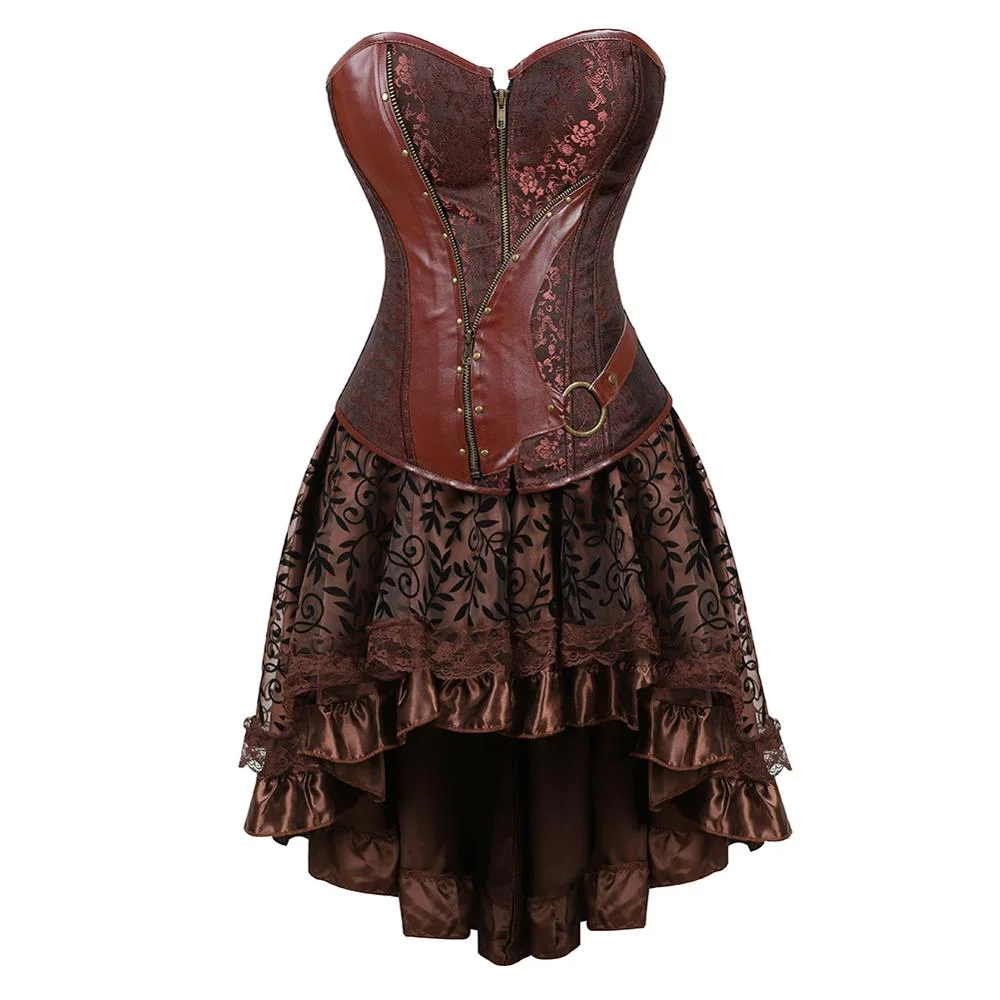 Billionm Steampunk Corsets Skirt Plus Size Halloween Steampunk Clothing for Women Steampunk Corset Dress Black Brown