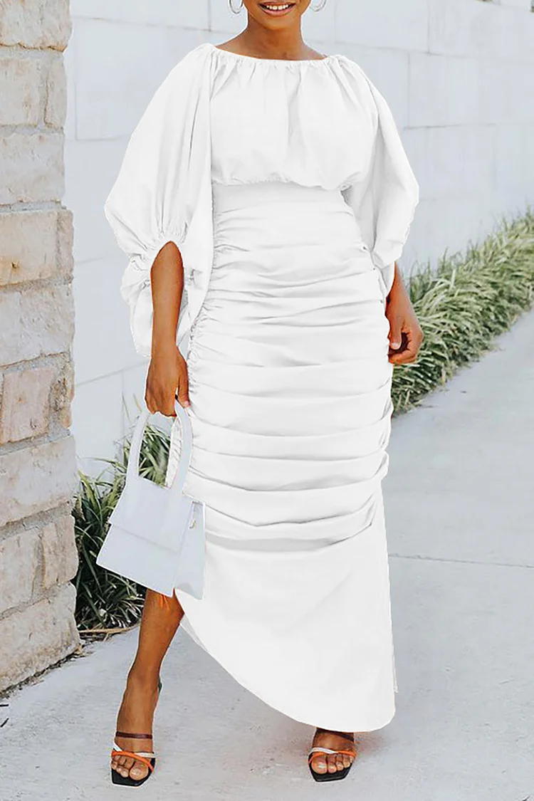 3/4 Lantern Sleeve Ruched Irregular Maxi Dresses-White
