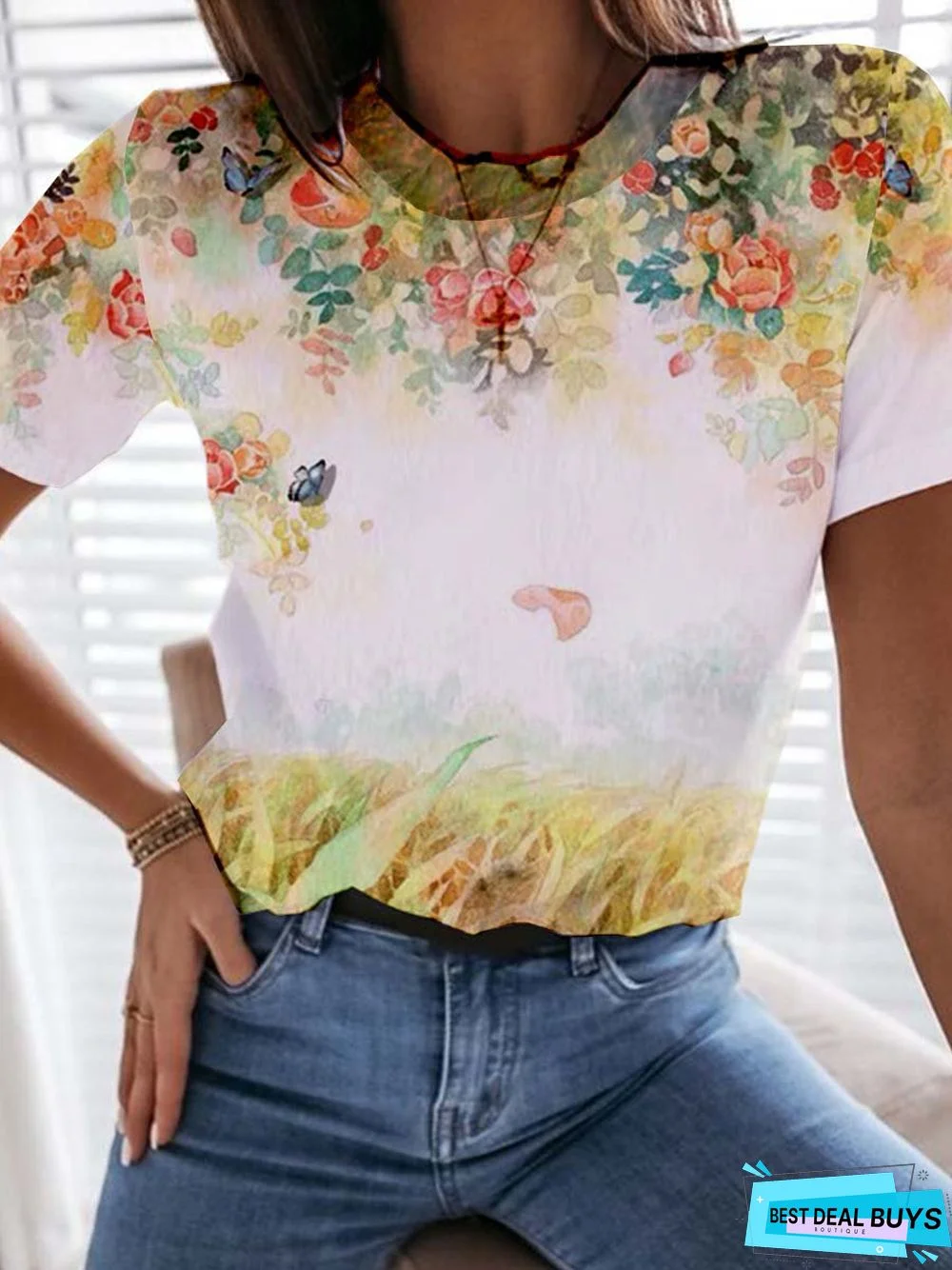 Floral Short Sleeve Printed Cotton-blend  Crew Neck  Holiday Summer Yellow Top