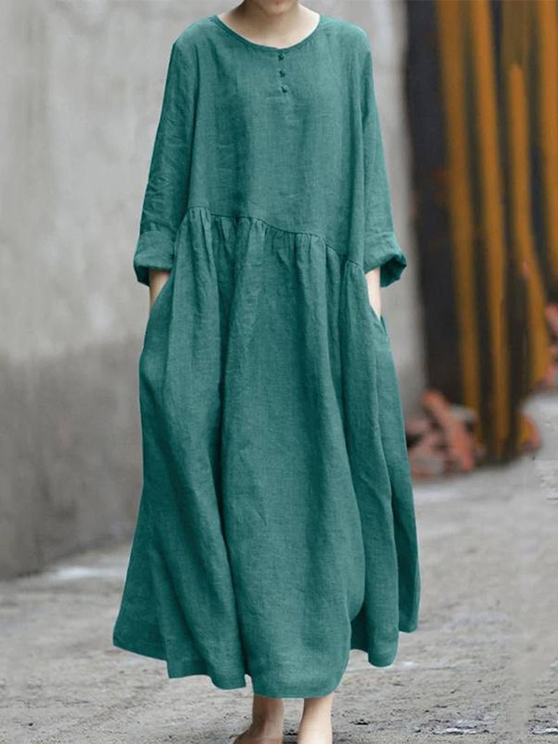 Pure color cotton and linen irregular stitching round neck pocket long sleeve dress large swing dress
