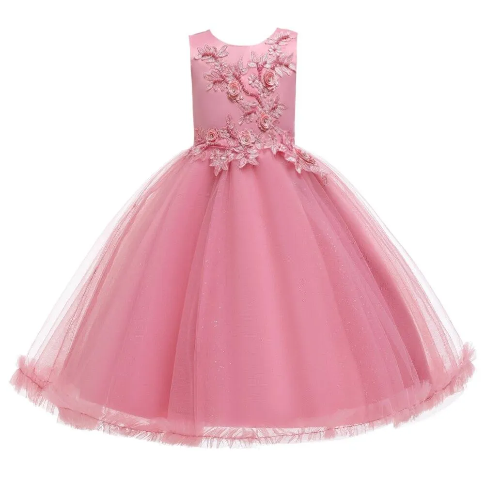 Pink Knee-Length Tulle Flower Girl Dress For Kids Round Neck Embroidered Child Party Dress For Girl 3-12 Years Old Sleeveless