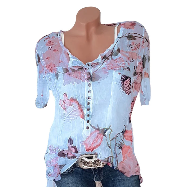 Butterfly Print Button Short Sleeve Chiffon Shirt