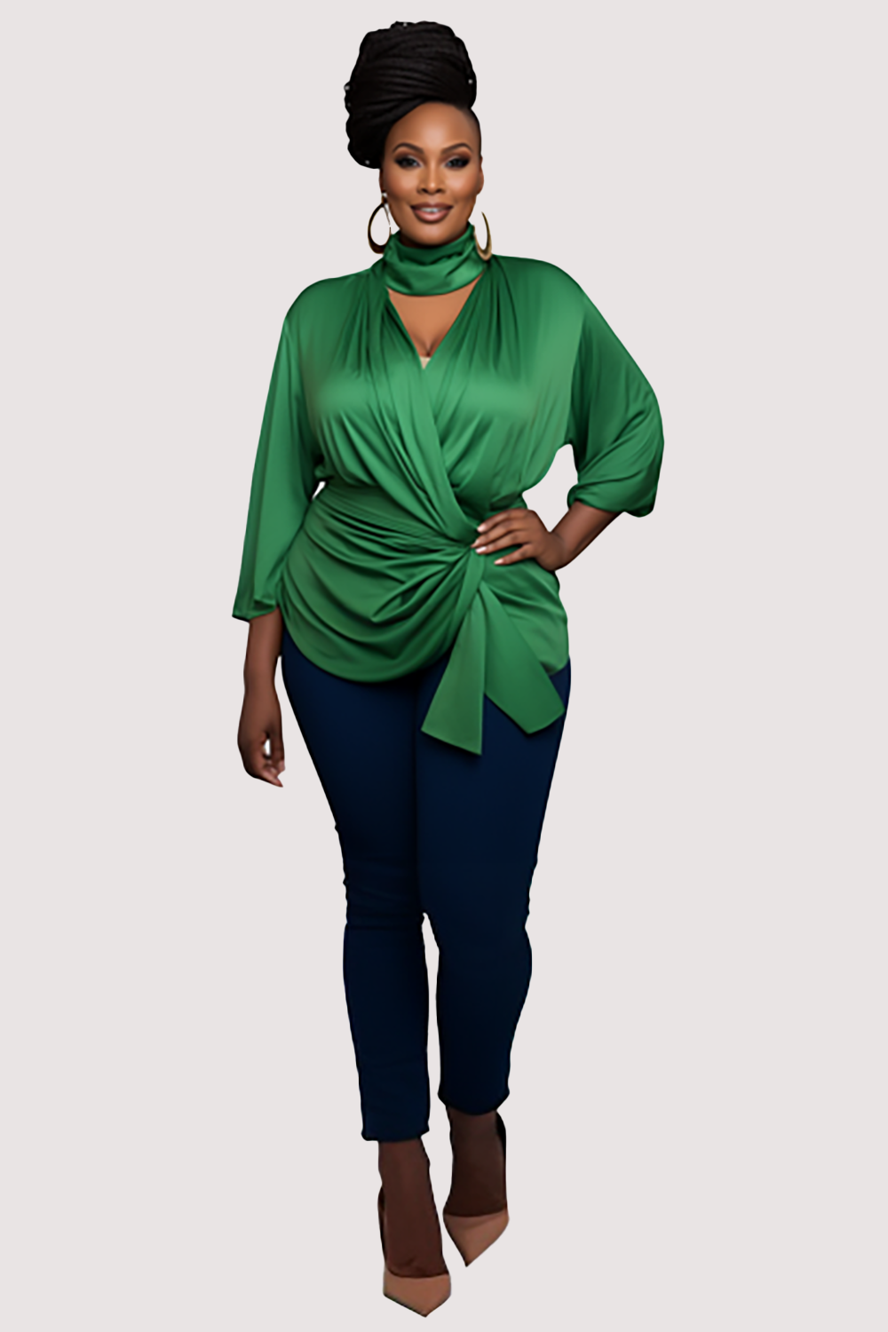 Design Plus Size Daily Green Spring Summer Mock Neck 3/4 Sleeve Fold Knitted Tops [Pre-Order]