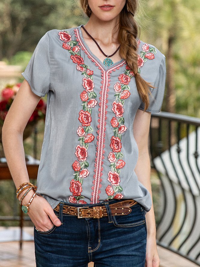 Women Soft Short Sleeve Pastoral Embroidery Plain Shirts & Tops Zaesvini