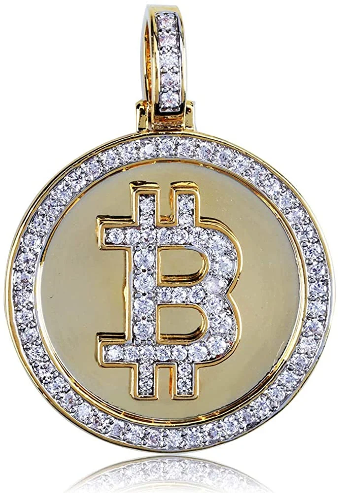 JAJAFOOK Iced Out CZ Simulated Diamond 14K Gold Plated Bitcoin Cryptocurrency Pendant Necklace with Rope Chain