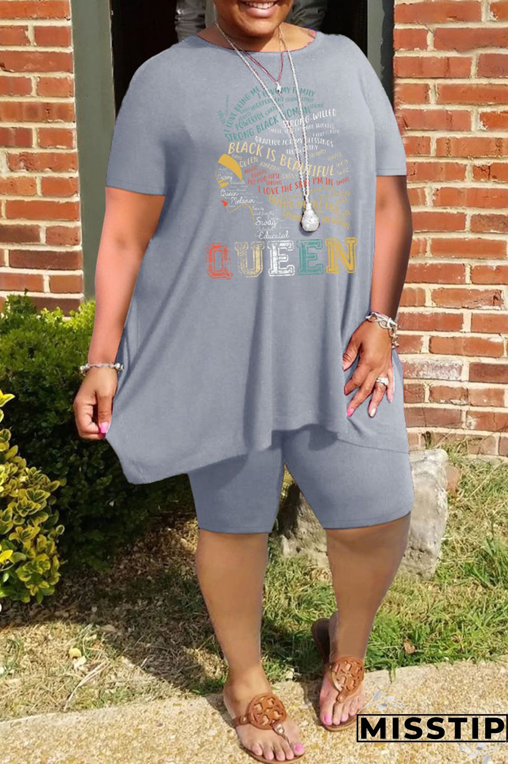 Grey Casual Print Patchwork O Neck Plus Size Two Pieces