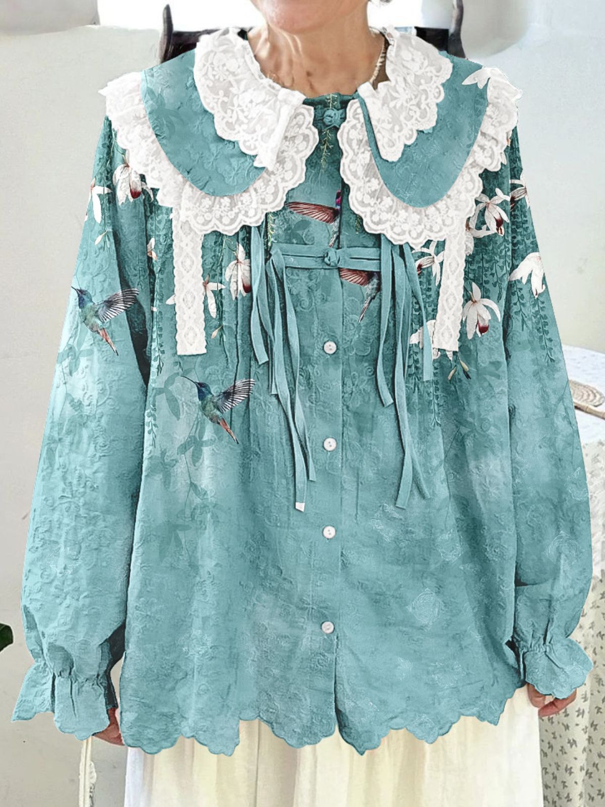 Women Printed Long Sleeve Round-neck  Cute Collar Shirts Blouses Blue