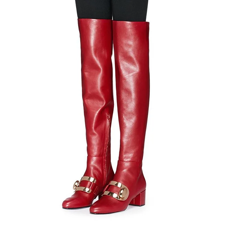 Women's Red Oversized Buckle Chunky Heel Over The Knee Boots |FSJ Shoes