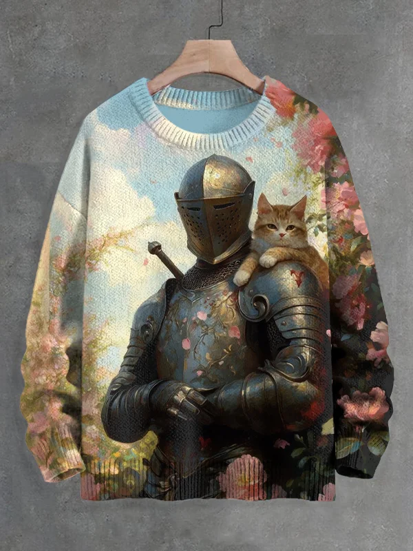 Men's Vintage Medieval Knight And Cat Print Knit Sweatshirt