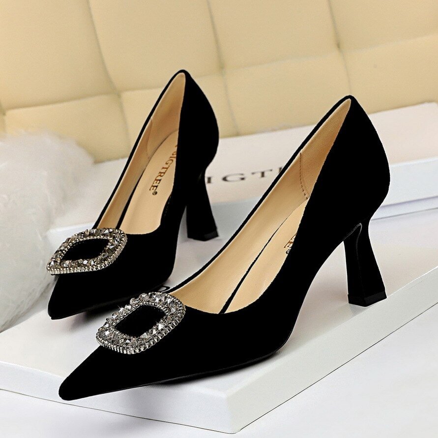 European And American-Style Fashion Sexy Evening High Heels Was Thin High-Heel Shallow Mouth Pointed Rhinestone Buckle Shoes