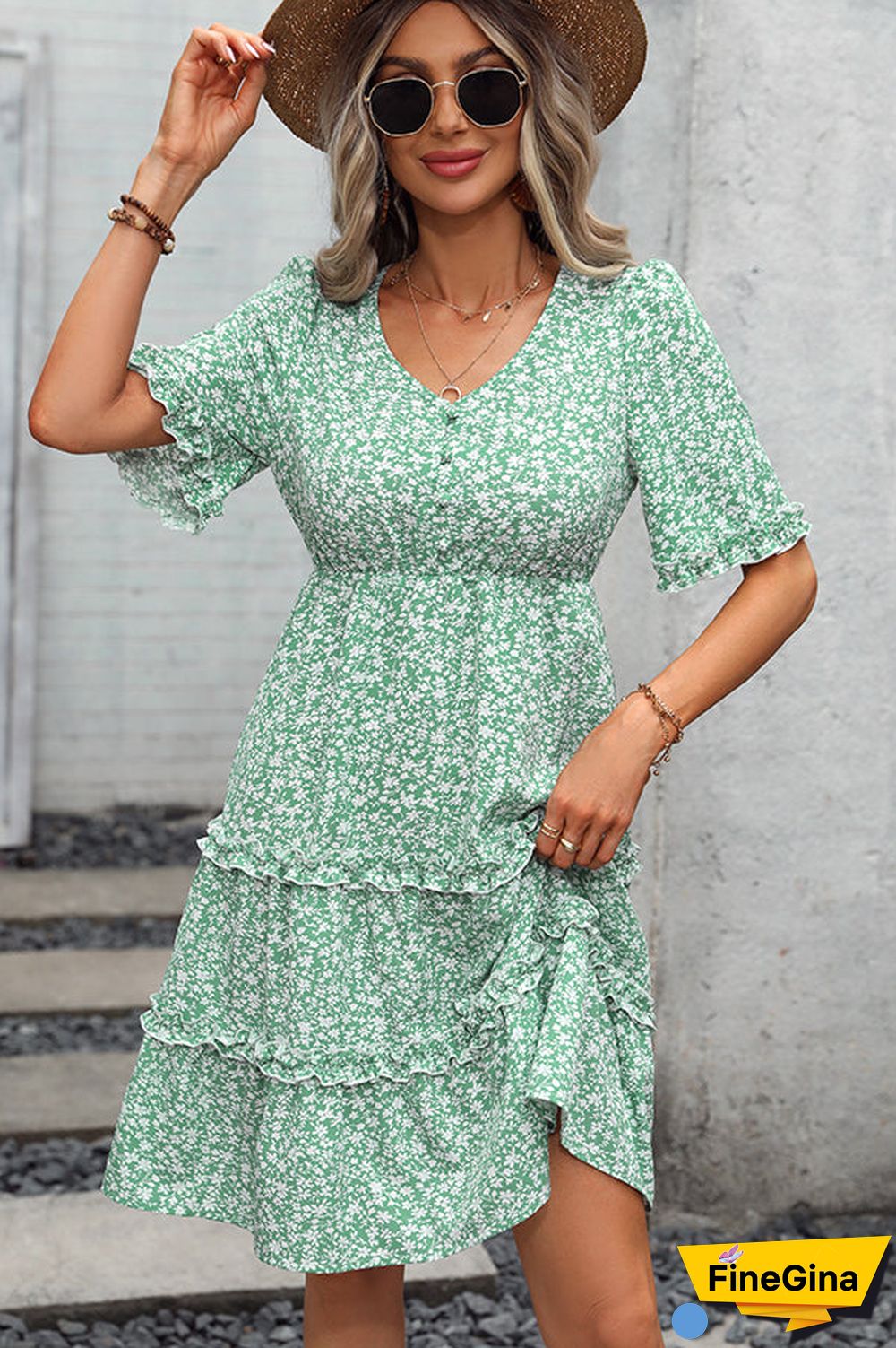 Floral Print Frill V Neck Casual Dress