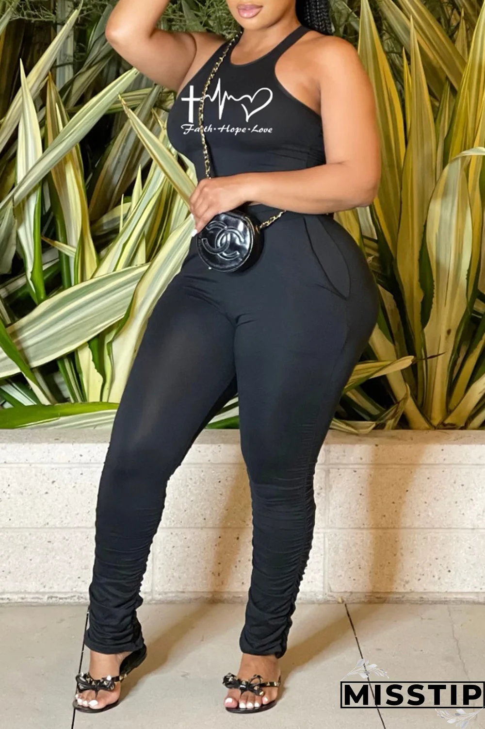 Blue Fashion Print Fold U Neck Sleeveless Two Pieces