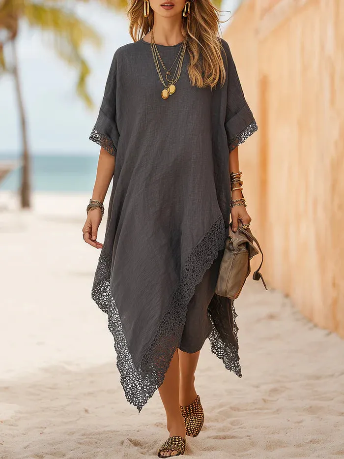 Loose-fit Casual Linen And Cotton Dress With Lace Trim