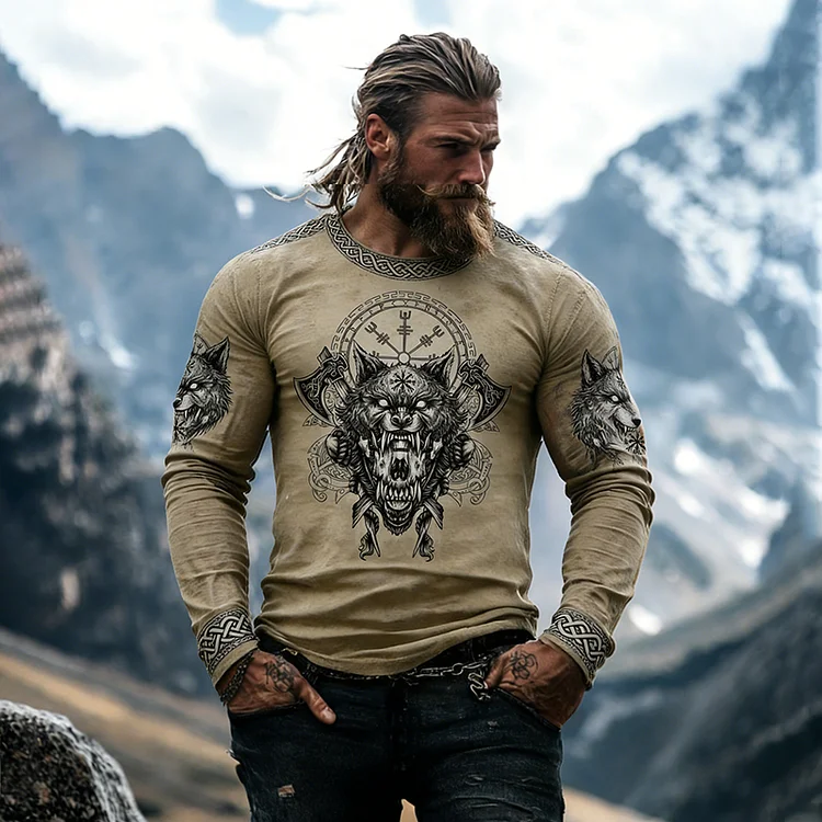 Men's Retro Viking Wild Wolf Celtic Print Graphic T-shirt
