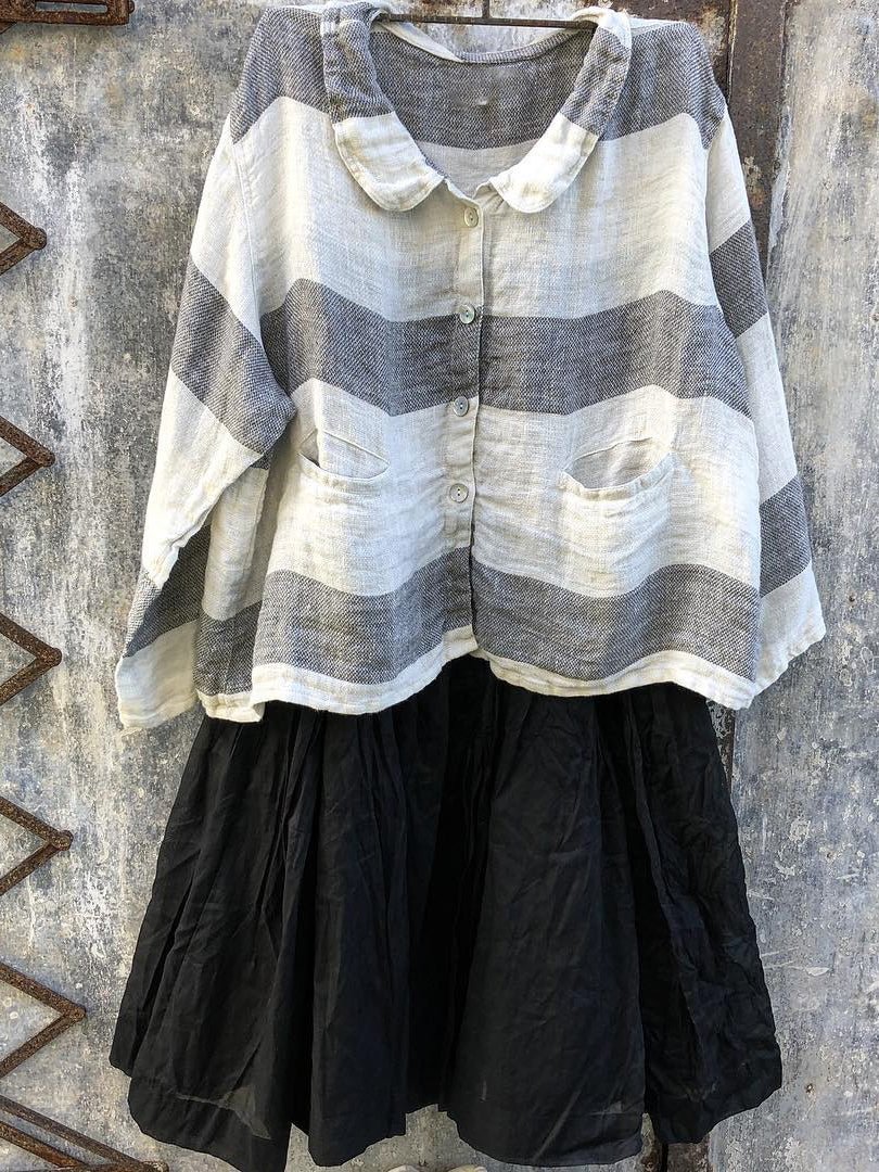 Womens Printed Doll Collar Casual Linen Tee
