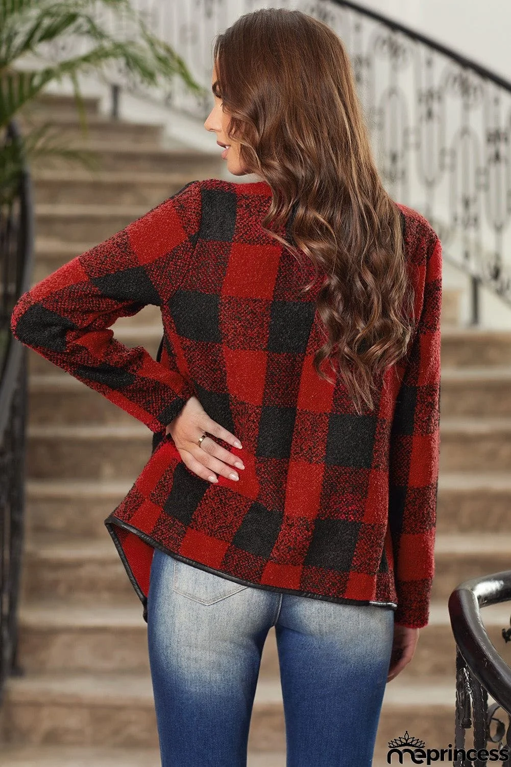 Women's Plaid Long Sleeve Asymmetric Collar Open Front Coat