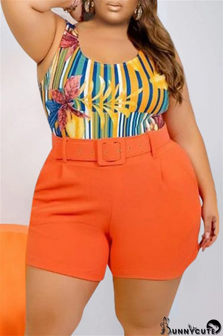 Orange Fashion Casual Print Backless U Neck Plus Size Two Pieces