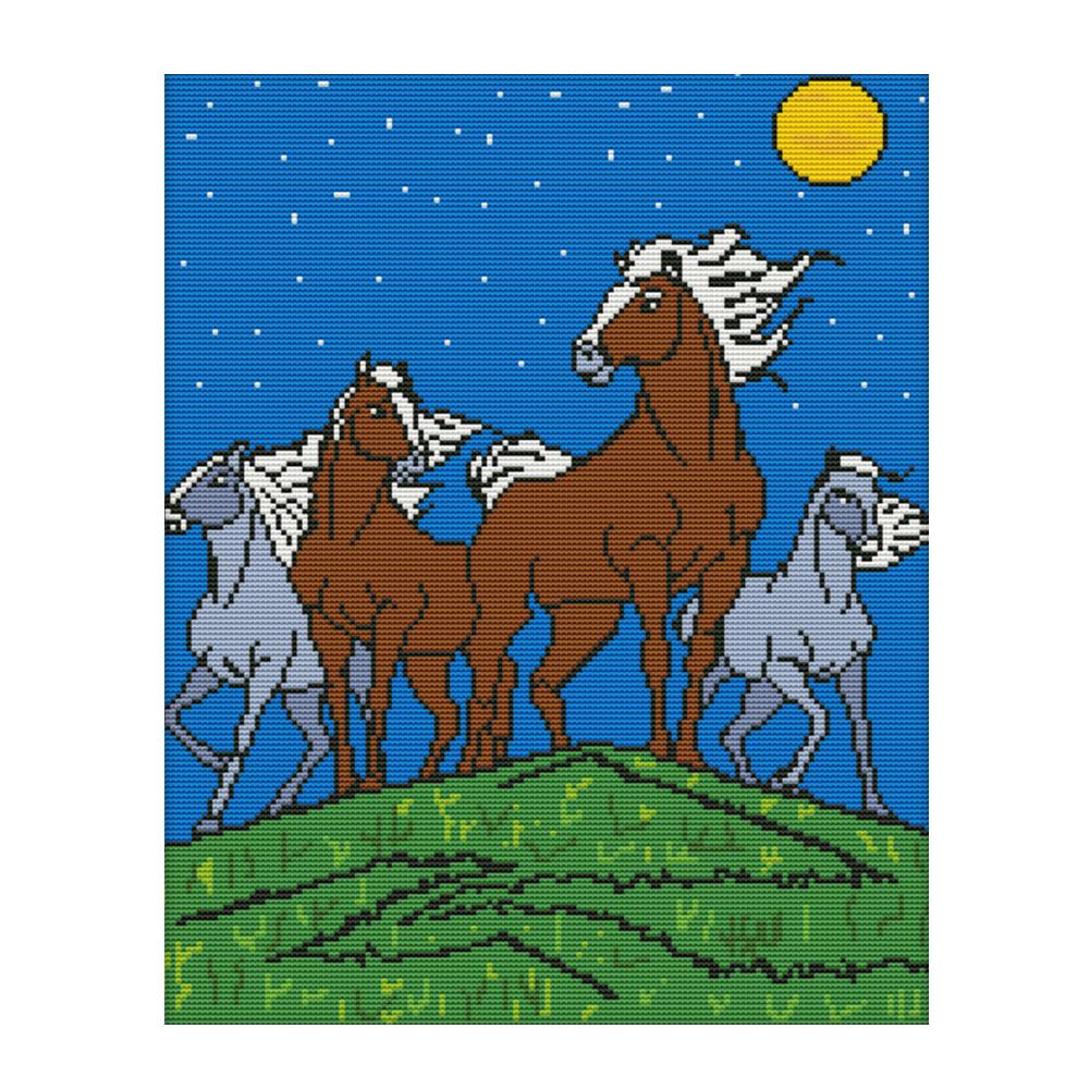 

Horses under the moon night - 14CT Stamped Cross Stitch - 34*42cm, 501 Original