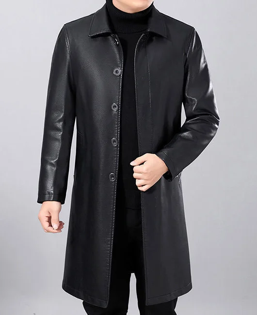 PU Leather Detachable Fur Collar Single Breasted Overcoat 