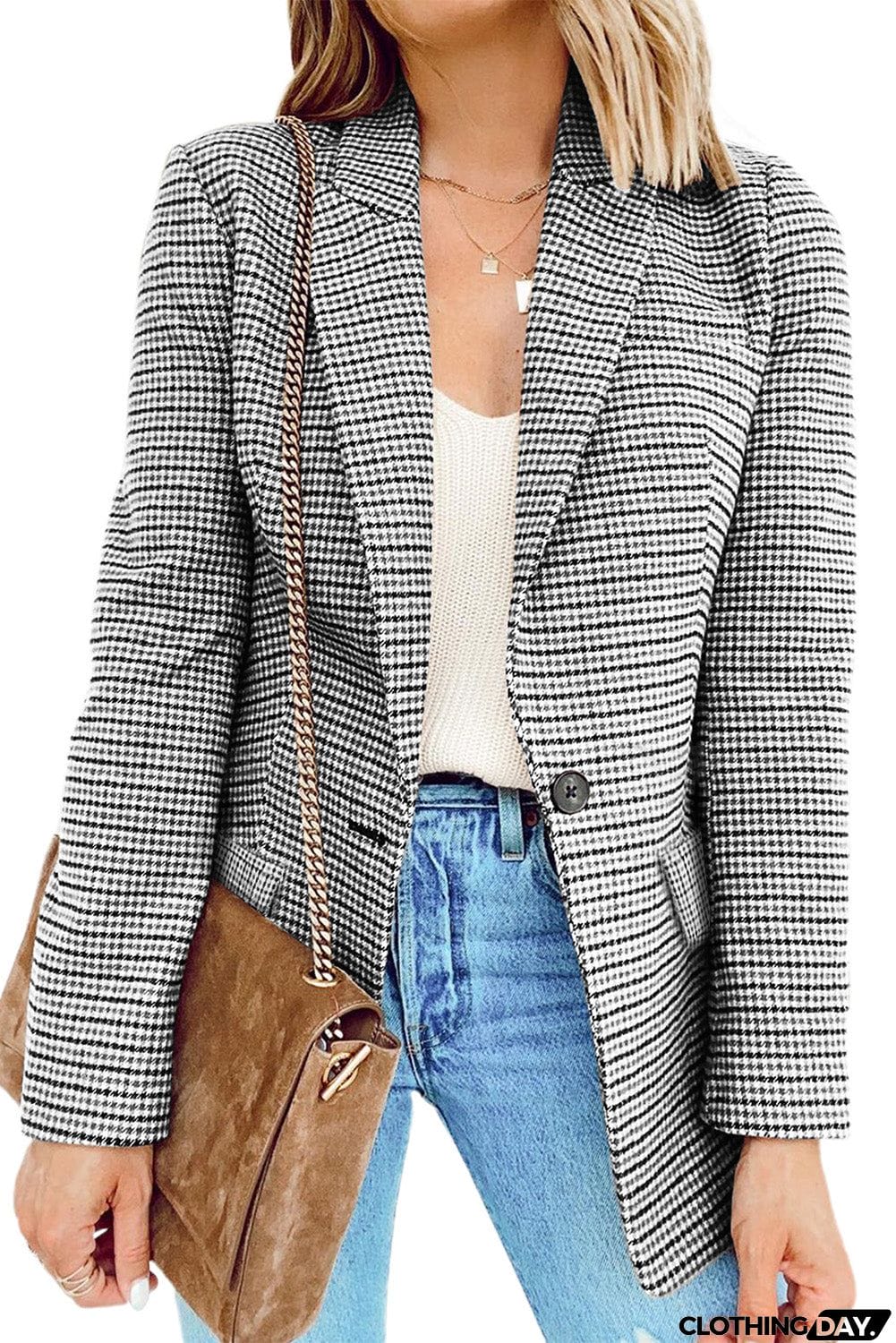 Plaid Print Lapel Collar Buttoned Blazer