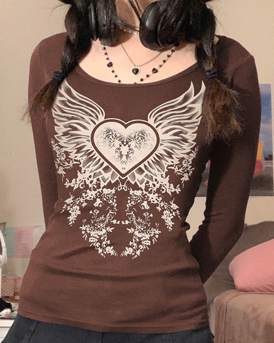 Fashionv-Heart&Wings Print Long Sleeve T-shirt