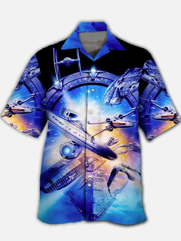 Men's Comfort Spaceship Cuban Collar Print Shirt PLUSCLOTHESMAN