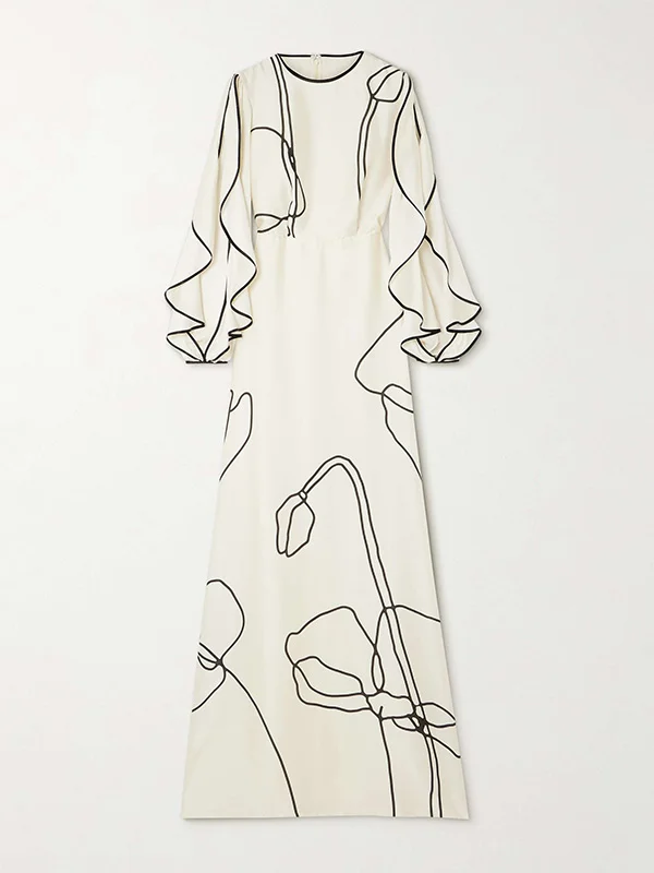 Loose Contrast Color Falbala Flower Print Hollow Zipper Maxi Dresses