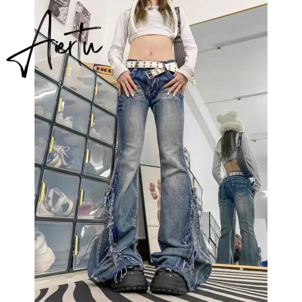 Aiertu High Quality American Vintage Clothes Raw Edge Design Flared Jeans For Women Patchwork Autumn Low-rise Washed Denim Y2k Pants Aiertu