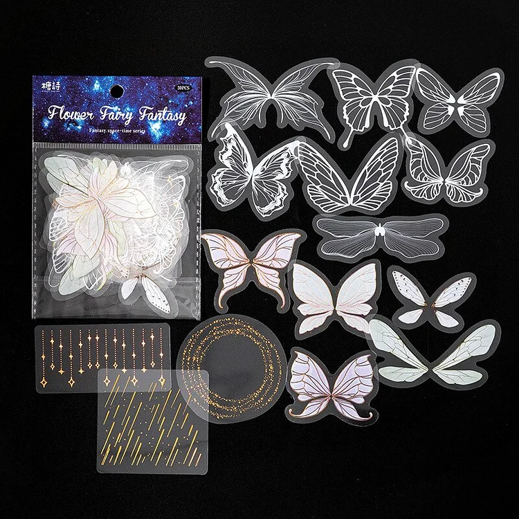 JOURNALSAY 30 Sheets PET Waterproof Transparent Sticker Pack Colorful Bronzing Art Butterfly
