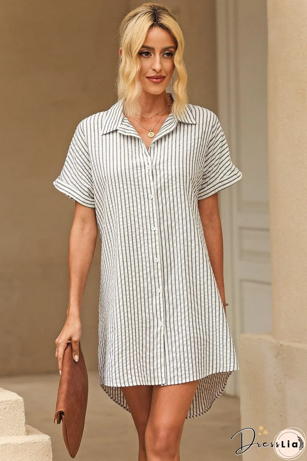 Full Size Striped Short Sleeve Shirt Dress