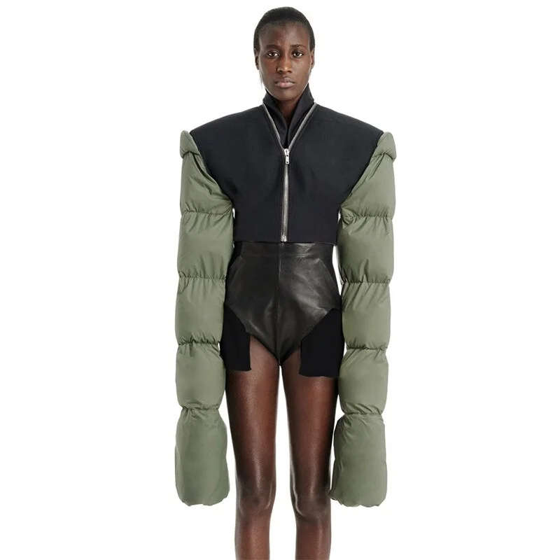 Women Puffer Coat Black Contrast Thicken Splicing Flare Sleeve Women Clothing  2023 New Fashion Warm Female Padded Jacket
