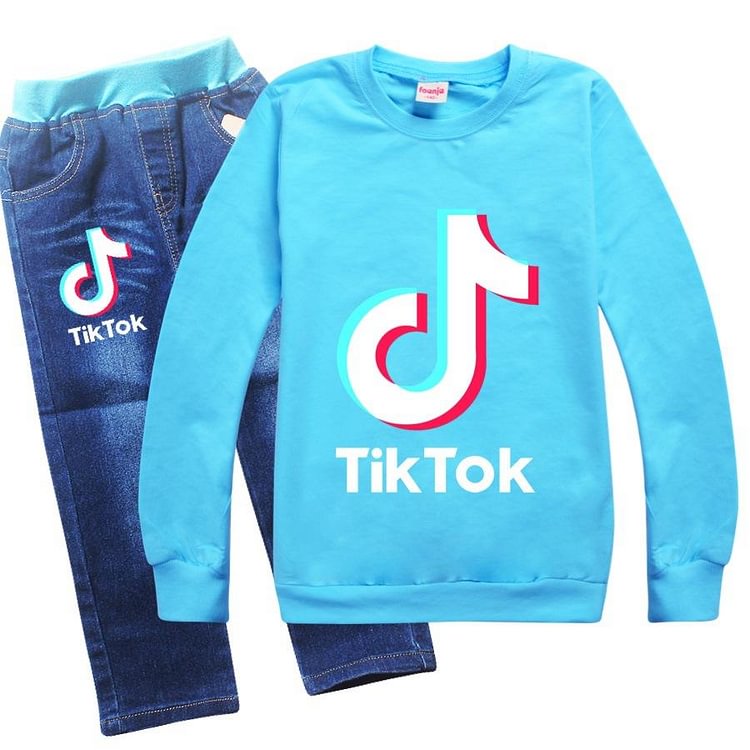 Mayoulove Girls Boys Tik Tok Print Cotton Pullover Hoodie And Jeans Outfits Set-Mayoulove