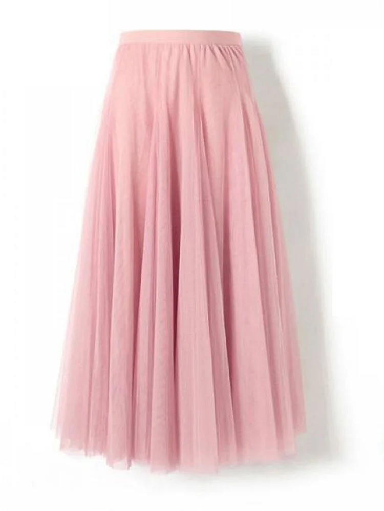 Daily Layered Pleated Stretchy Waist Solid Tulle Midi Skirt