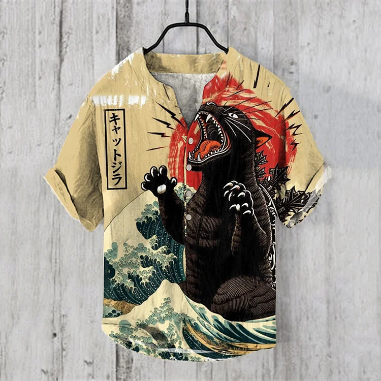 Abstract Creative Catzilla In The Waves Of Kanagawa Pattern Print Linen Blend Shirt
