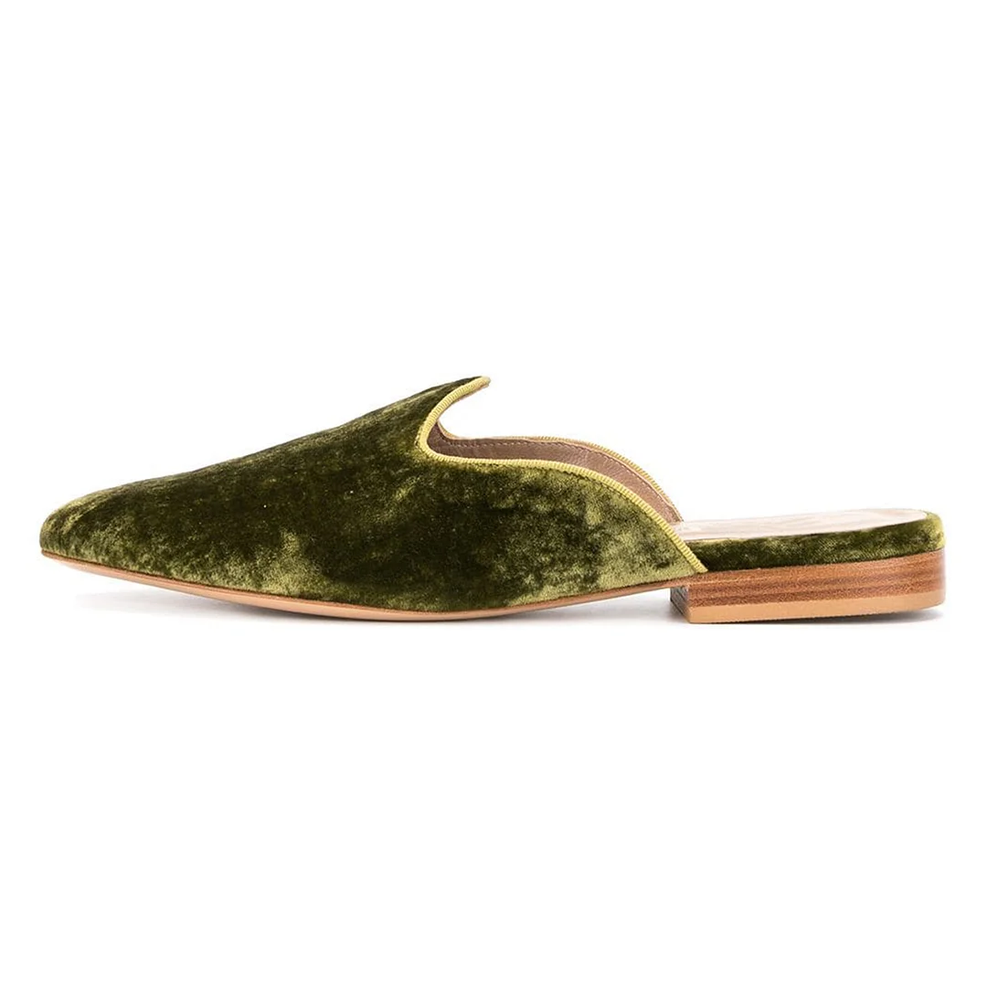Women's Velvet Sophisticated Pointed Toe Flat Slip-On Mules in Green