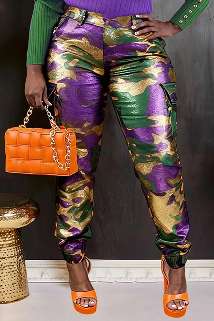 Plus Size Mardi Gras Multicolor Camo Cargo Jogging Metallic Pants 2024 - Xpluswear