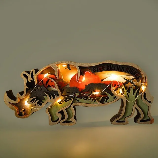 Rhino Totem Wooden Home Decoration 3D Carving Animal Night Light Carving Handcraft Gift