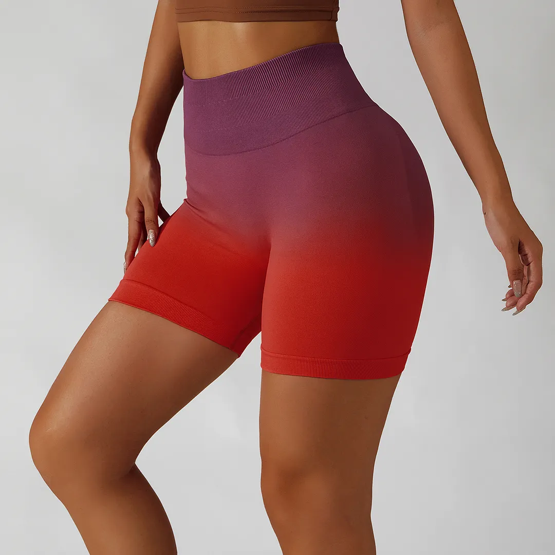 Hergymclothing Deep Wine Red high rise ruched butt stretchable squat proof ombre seamless sports yoga gym shorts with tummy control for sale