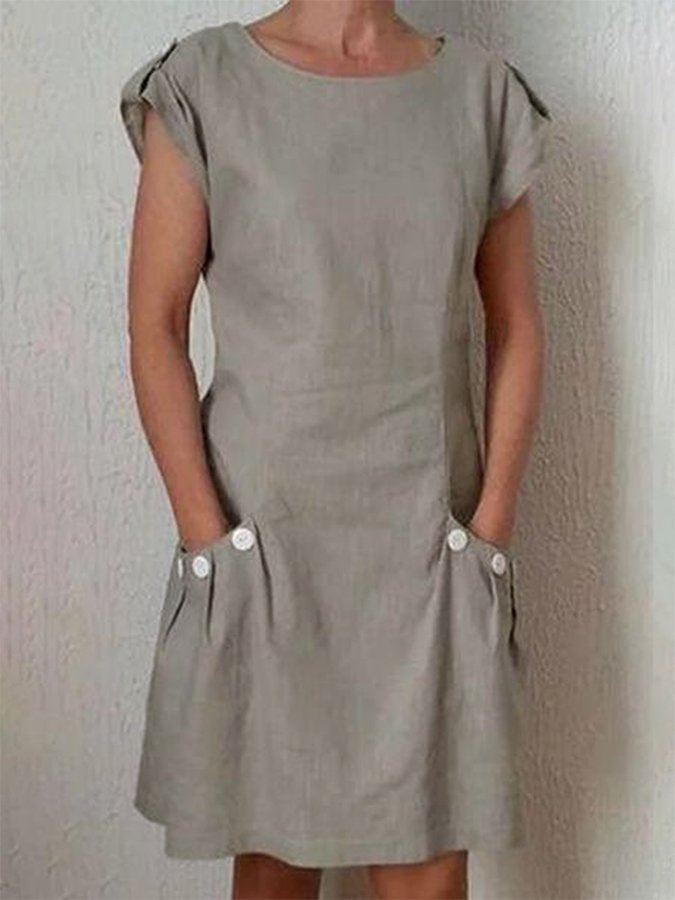Women's Pure Color Pleated Pocket Cotton Dress