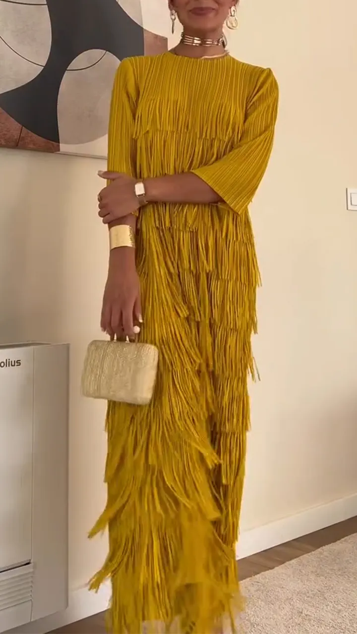 Women Round Neck Solid Color Patchwork Tassel Elegant Casual Dress