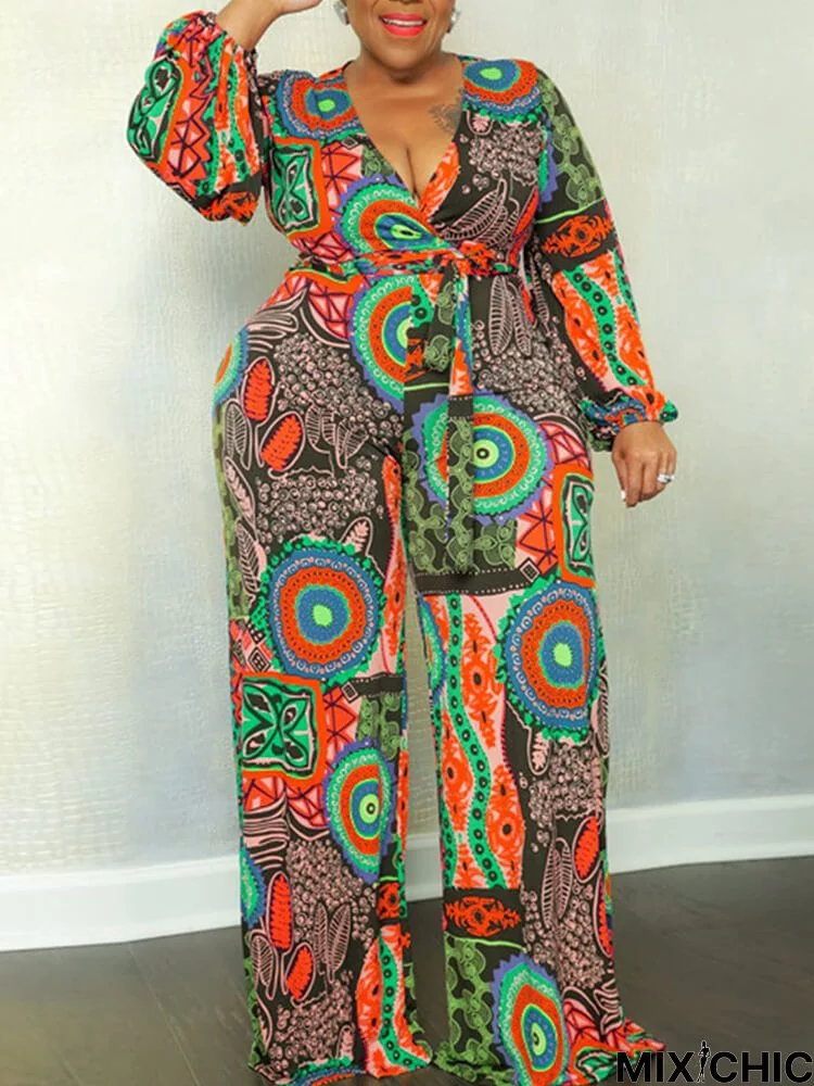 Plus Size V Neck Printed Tie Up Jumpsuits