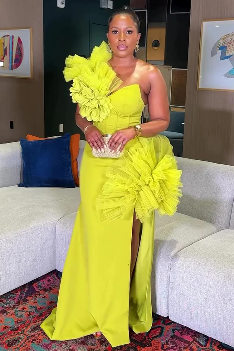 One Shoulder Tulle Decor Slit Hem Party Maxi Dresses-Yellow [Pre Order]
