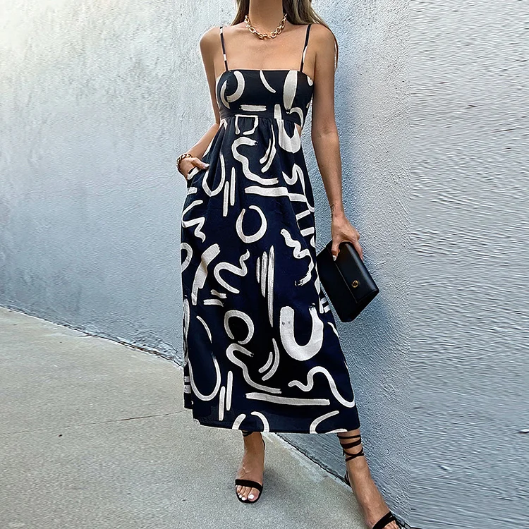 Sexy Backless Party Fashion Abstract Graffiti Print Casual Hollow Midi Dress