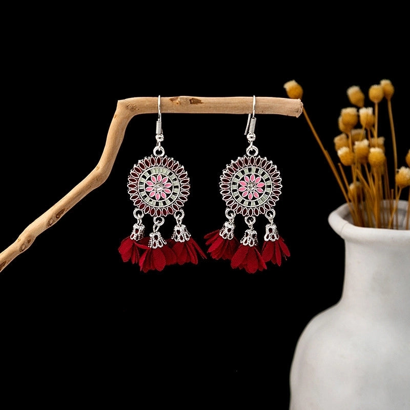 Bohemian Blue Turquoise National Style Earrings Imitation Miao Silver Metal Earrings Vintage Tassel Earrings