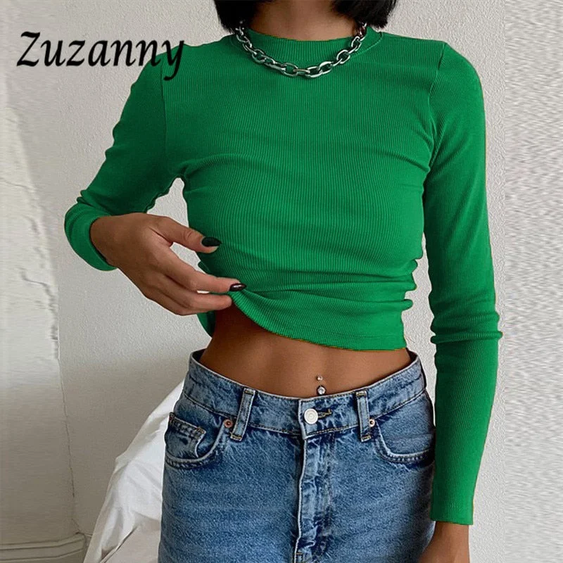 Zuzanny O Neck Long Sleeve Shirt Women Ribbed Sexy Cropped Tops Spring Black Casual Skinny Slim Basic Woman T Shirts White