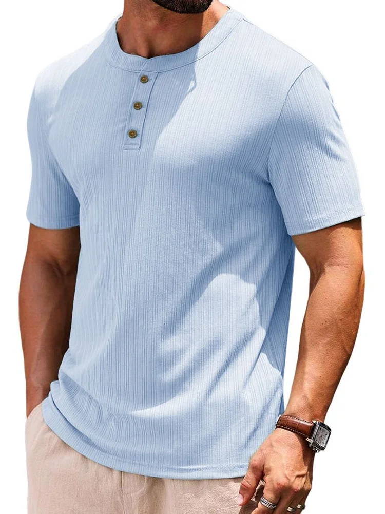 Men's Casual Striped Fabric Short Sleeve Stand Collar T-Shirt