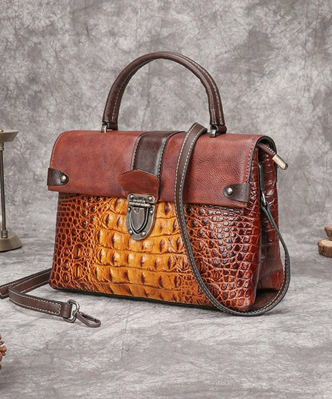 Art Yellow Crocodile pattern Paintings Calf Leather Satchel Handbag