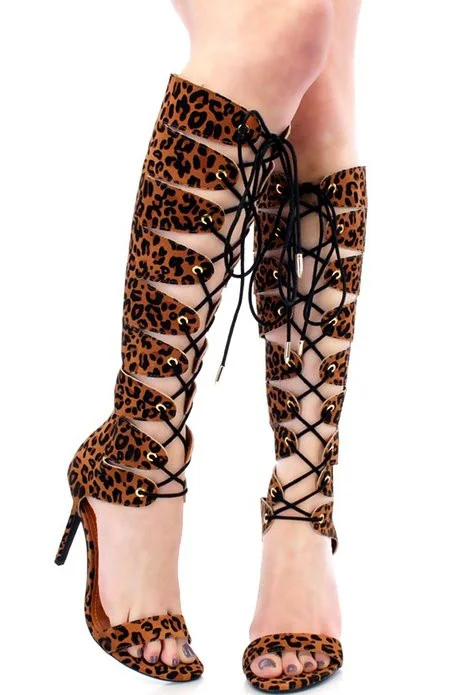 Leopard Knee-high Stiletto Gladiator Sandals with Lace-up Design Vdcoo